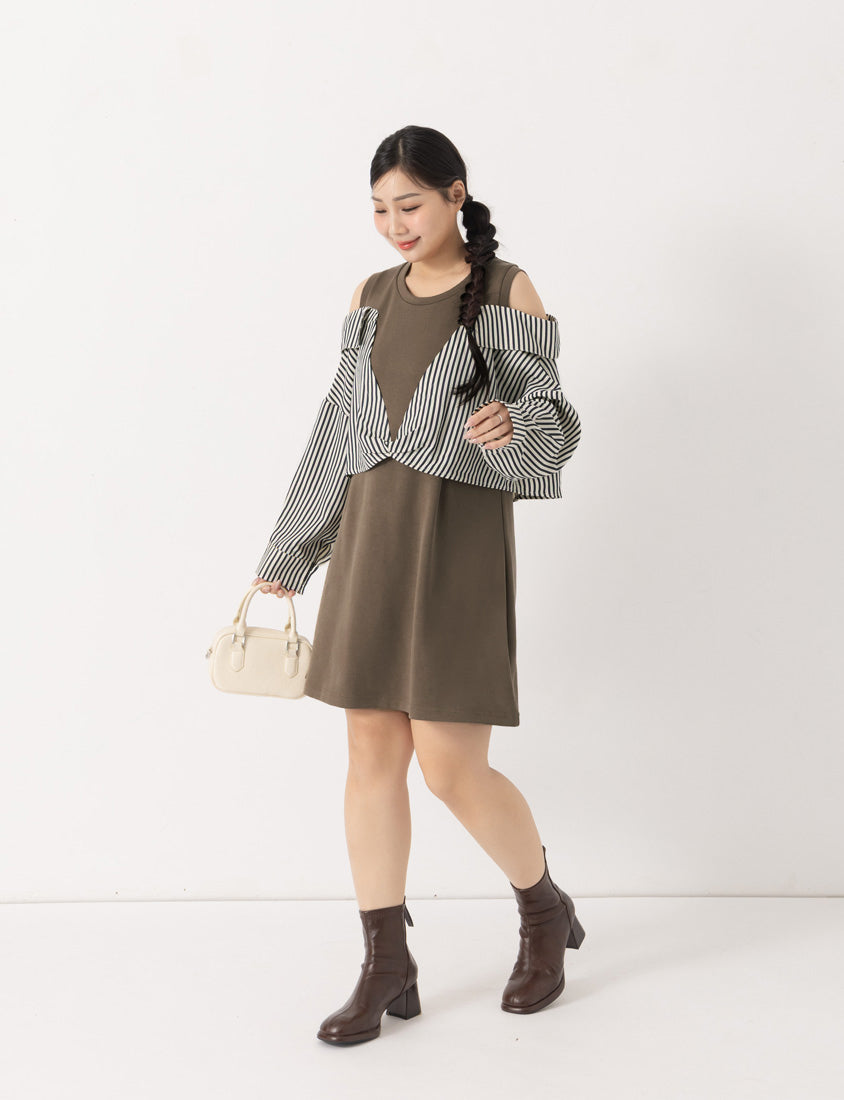 Faux Two Piece Cloud Cotton Contrast Stripe Plus Size Dress