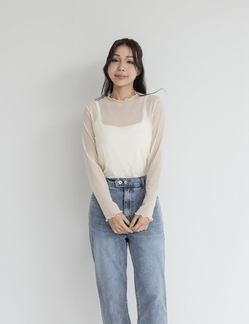 Versatile Ruffle Trim Sheer Long Sleeve Plus Size Top