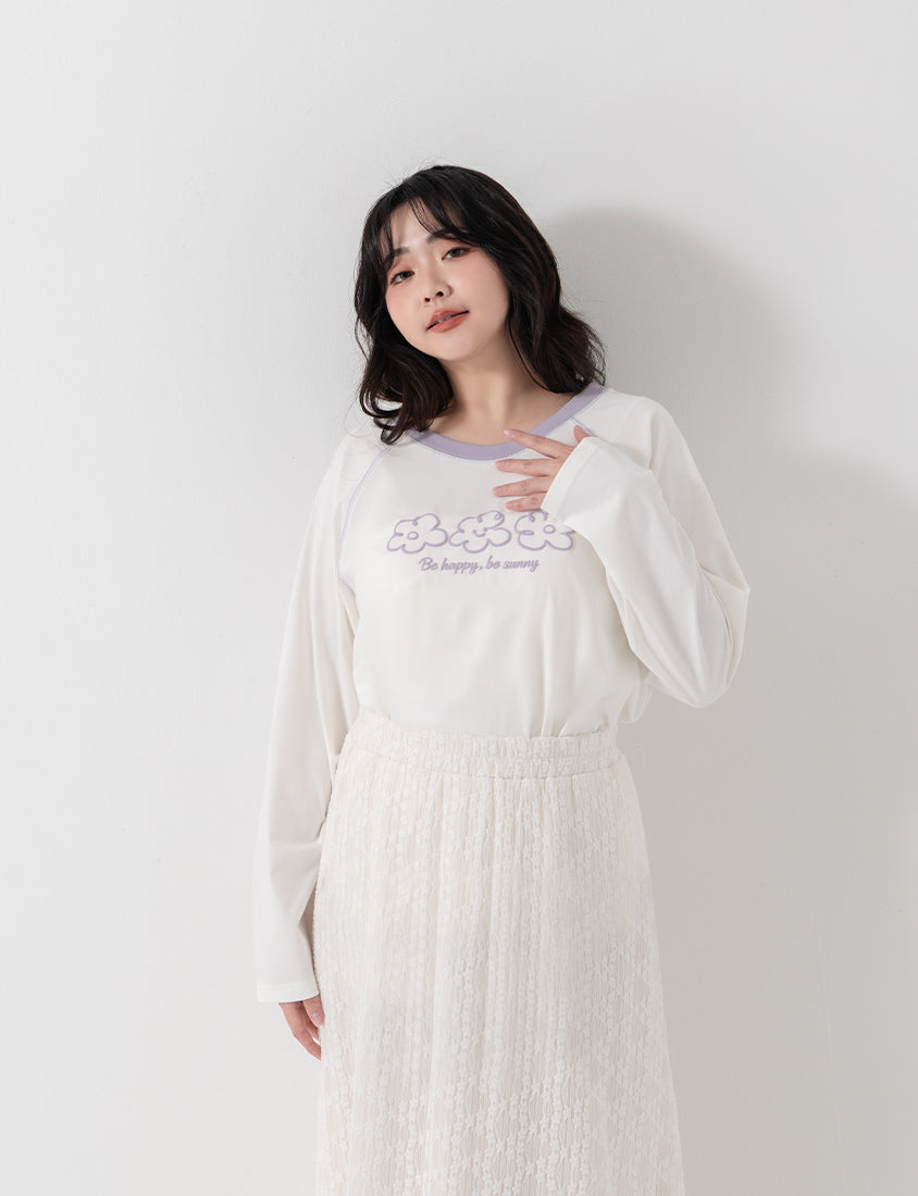 Contrast Floral Puff Print Long-Sleeve Plus Size Tee