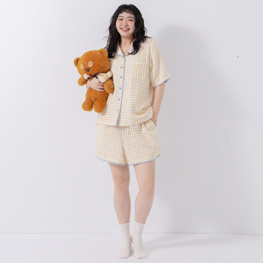 Skin-Friendly Gingham Contrast Frill Casual Plus Size Shirt