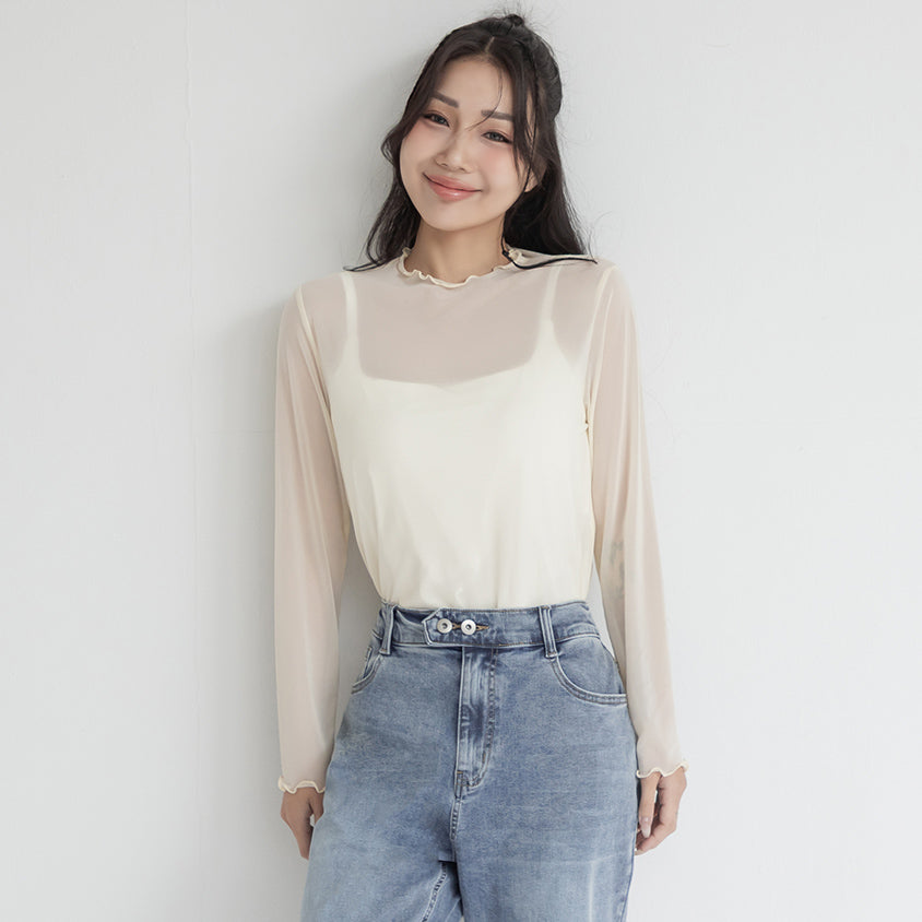 Versatile Ruffle Trim Sheer Long Sleeve Plus Size Top