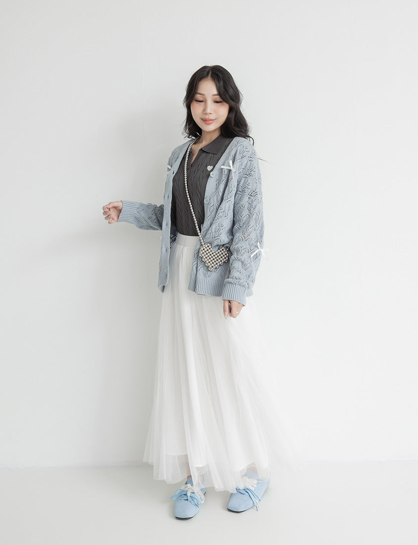 Sweet Bow-Detail Openwork Knit Plus Size Cardigan