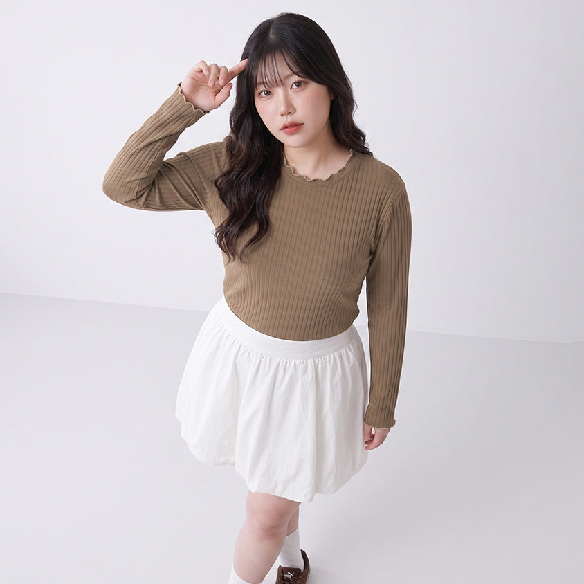 Soft Wide Ribbed Ruffle-Trim Long Sleeve Plus Size Top