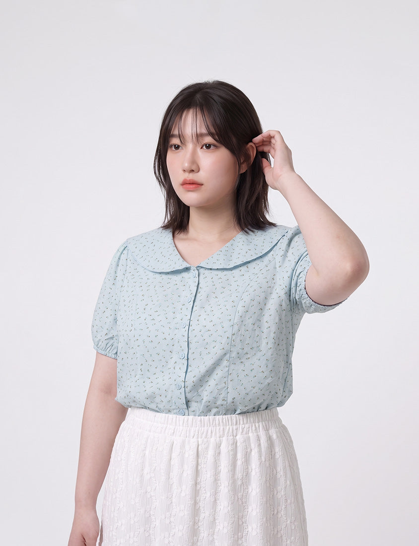 Fresh Floral Collared Cinched Waist Plus Size Blouse