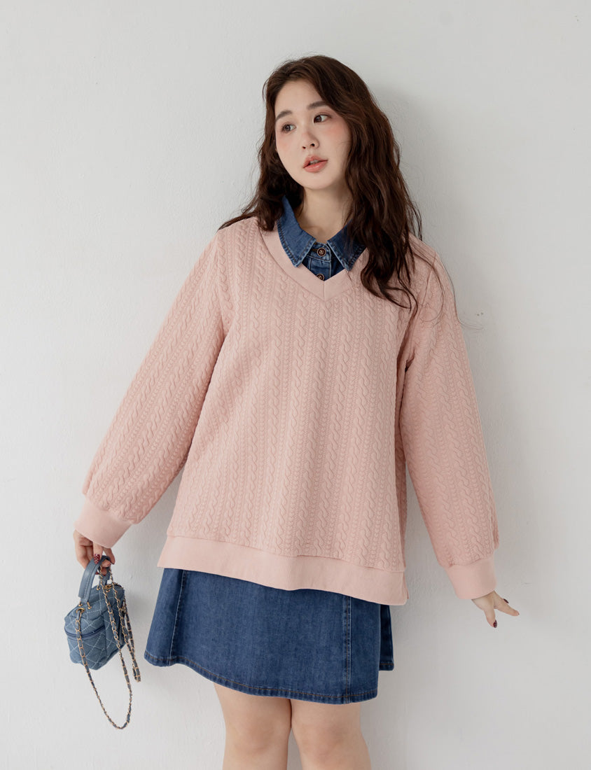 Korean Style V-Neck Embossed Cable Plus Size Sweater