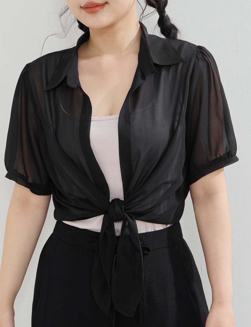Sheer Tie-Front Collar Plus Size Cardigan