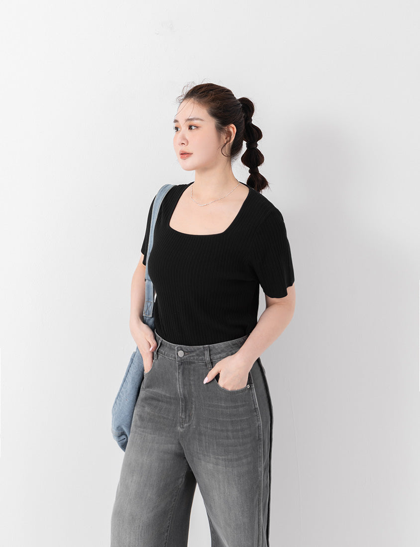 Classic Multicolor Square Neck Ribbed Knit Plus Size Top