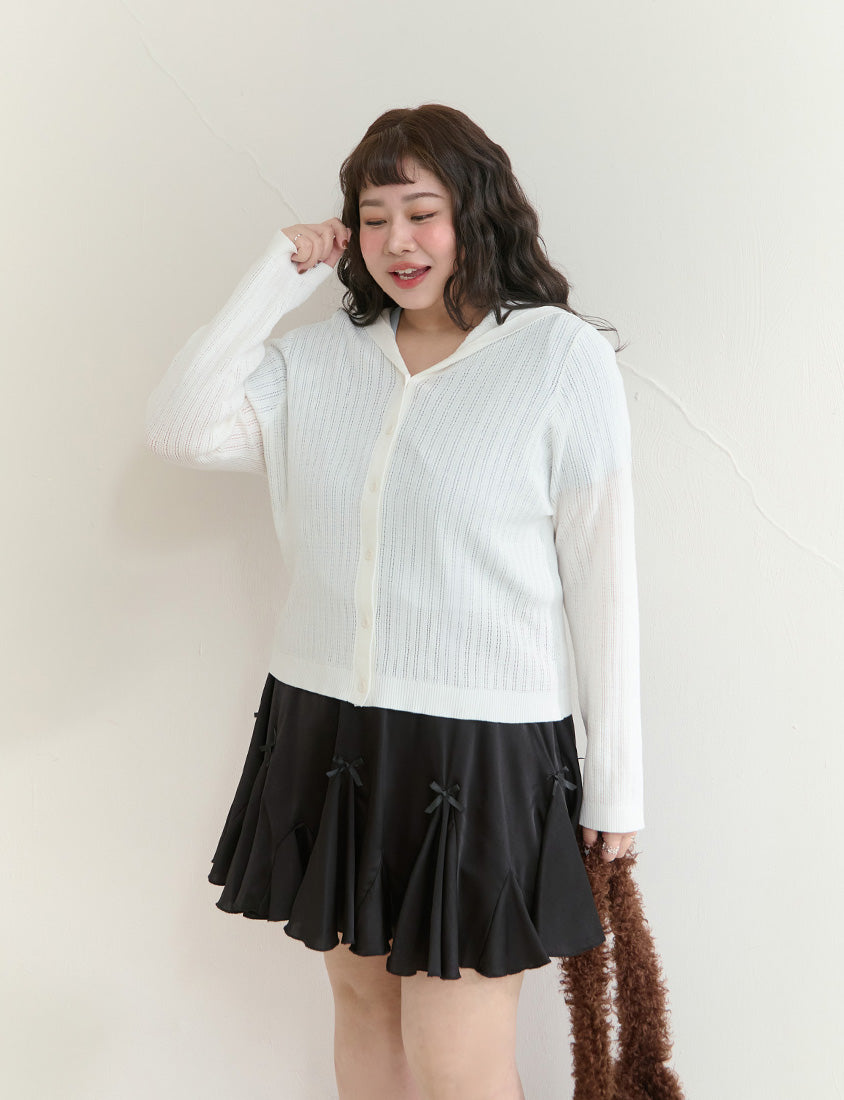 Openwork Knit Hooded Button-Up Plus Size Long Sleeve Cardigan