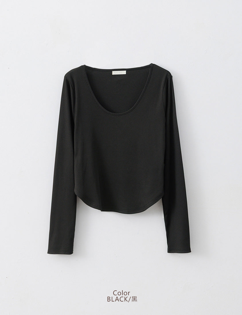 MUA! U-Neck Ribbed Curved Hem Plus Size Long Sleeve Top