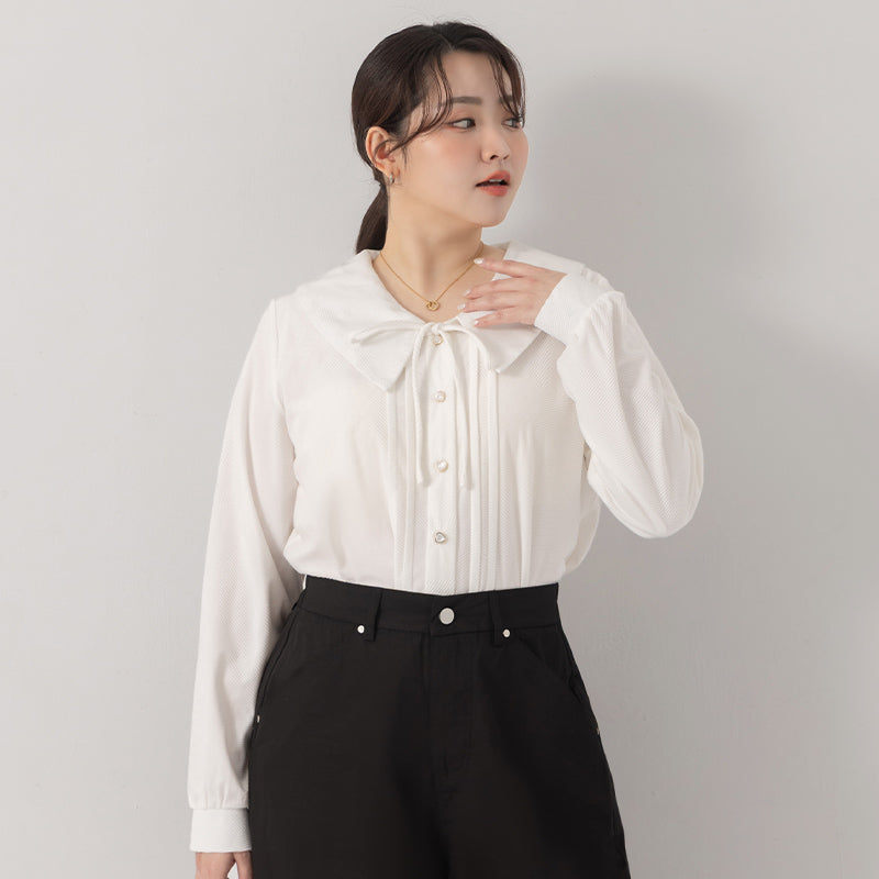 MISS. Elegant Velvet Collar Plus Size Long Sleeve Shirt