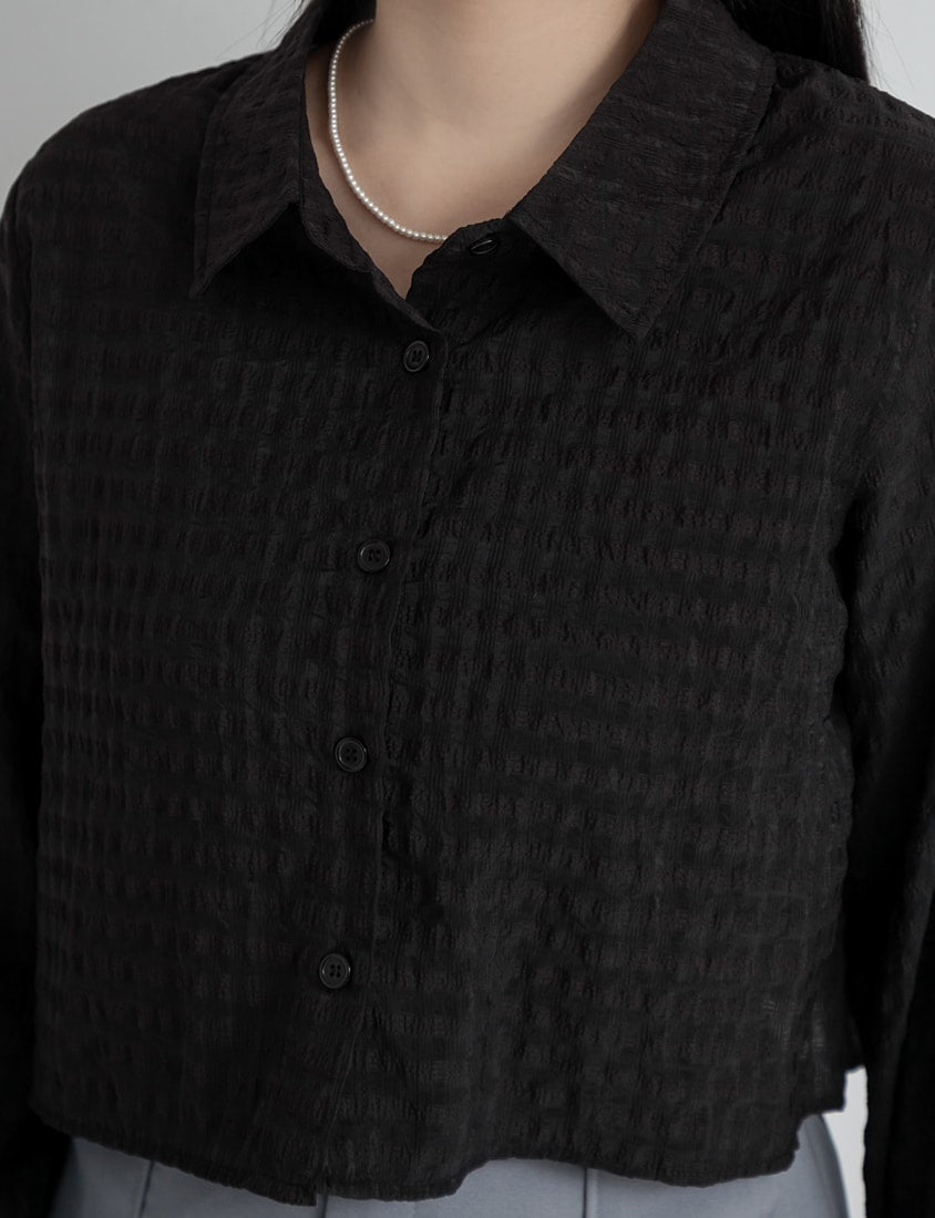 MISS. Sheer Plaid Cropped Plus Size Long Sleeve Shirt