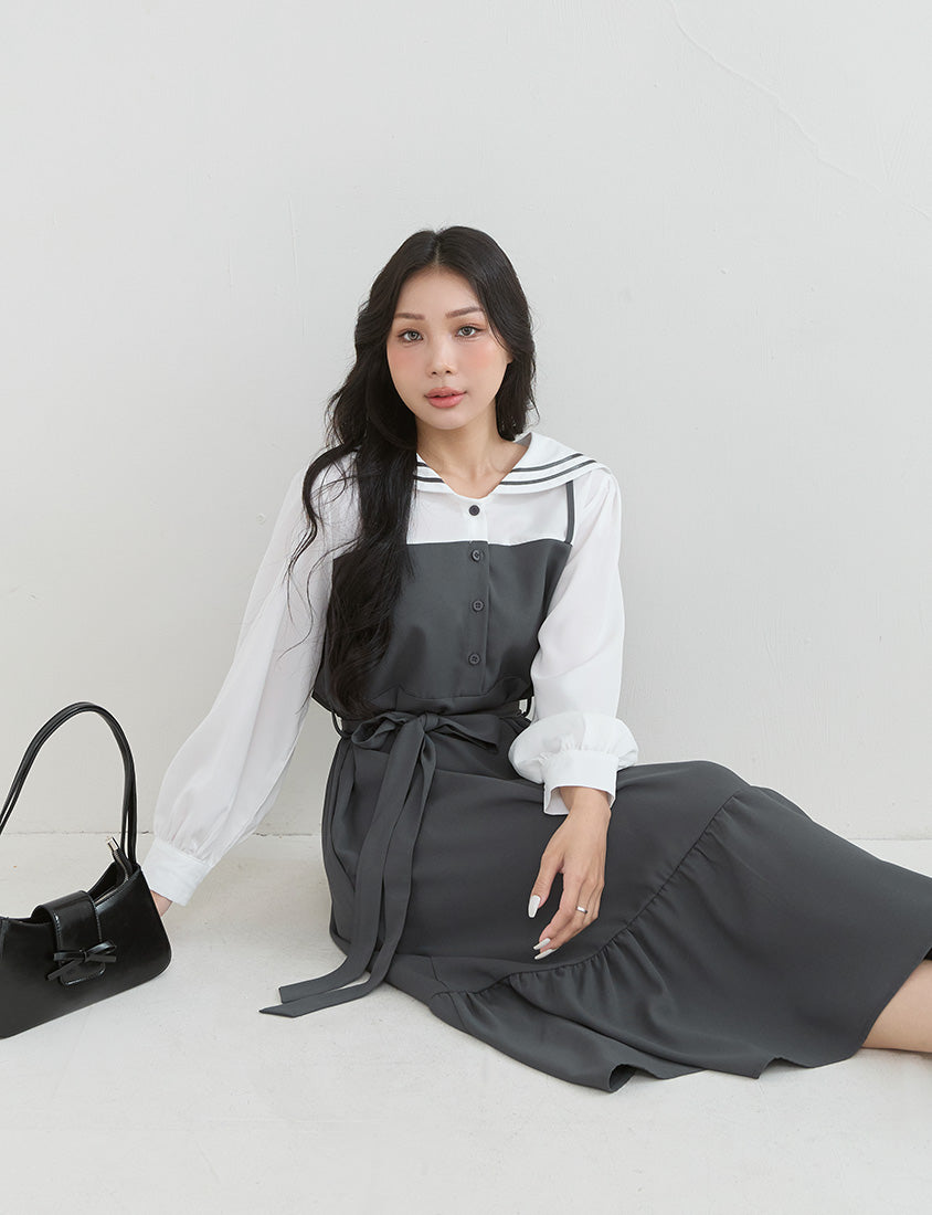 Contrast Sailor Collar Faux Two Piece Plus Size Maxi Dress (With Waist Tie)
