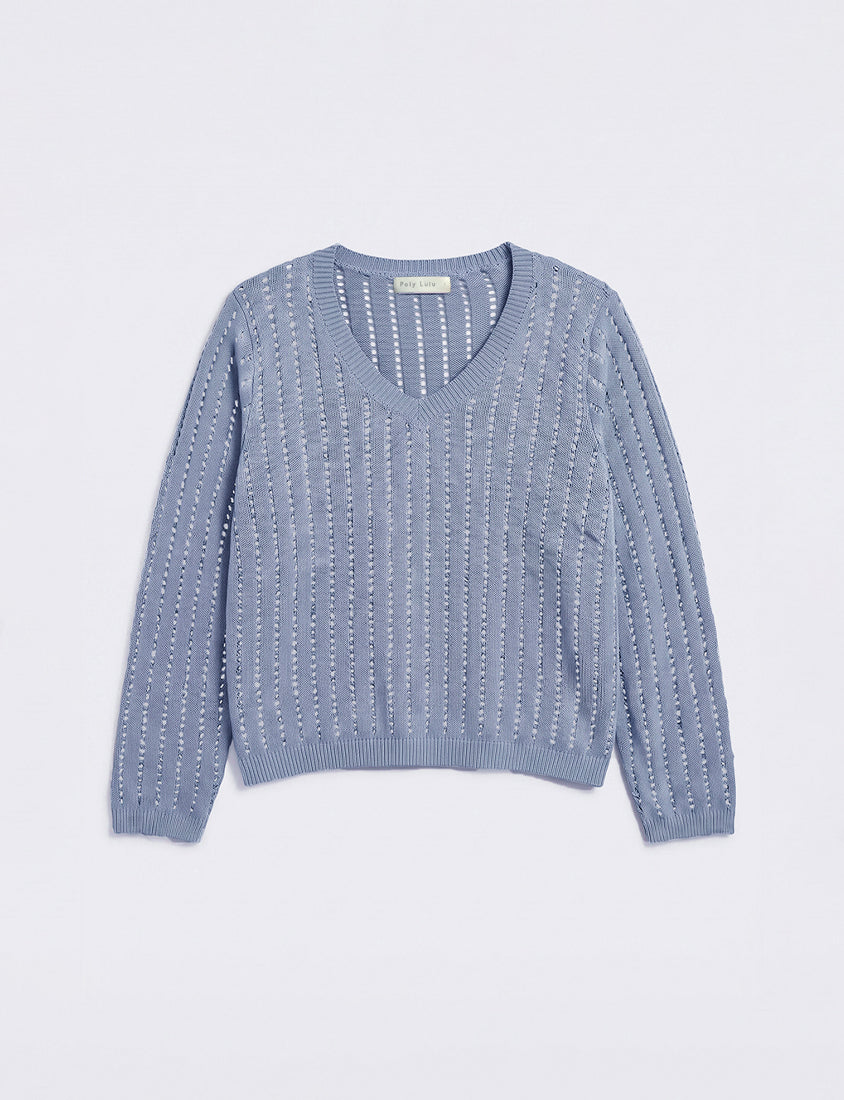 V-Neck Openwork Ribbed Knit Long Sleeve Plus Size Top