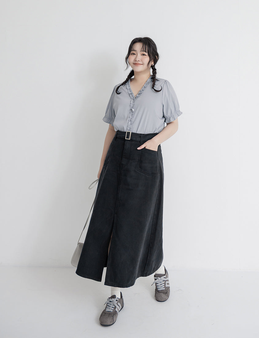 Lyocell Twill A-Line Plus Size Maxi Skirt (With Belt)