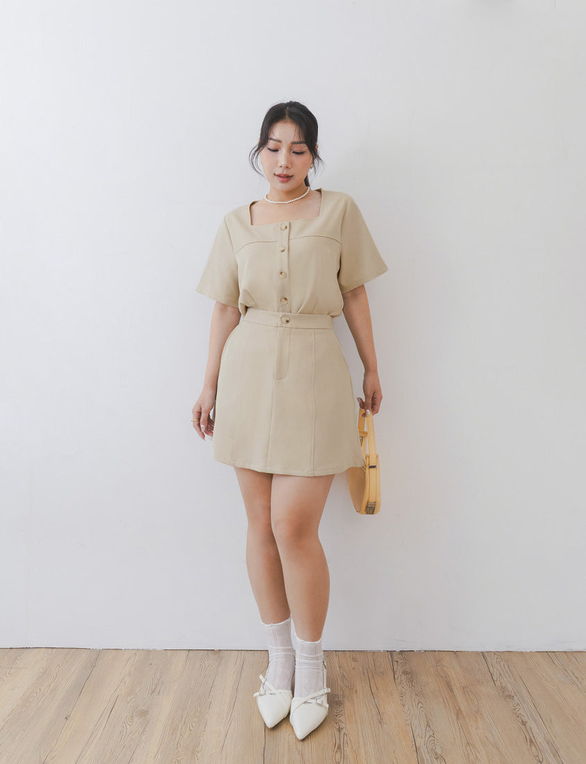 MISS. Korean Style Square Neck Twill Faux Button Top