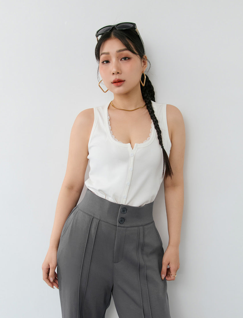 MUA! Faux Button Lace Panel Plus Size Ribbed Vest
