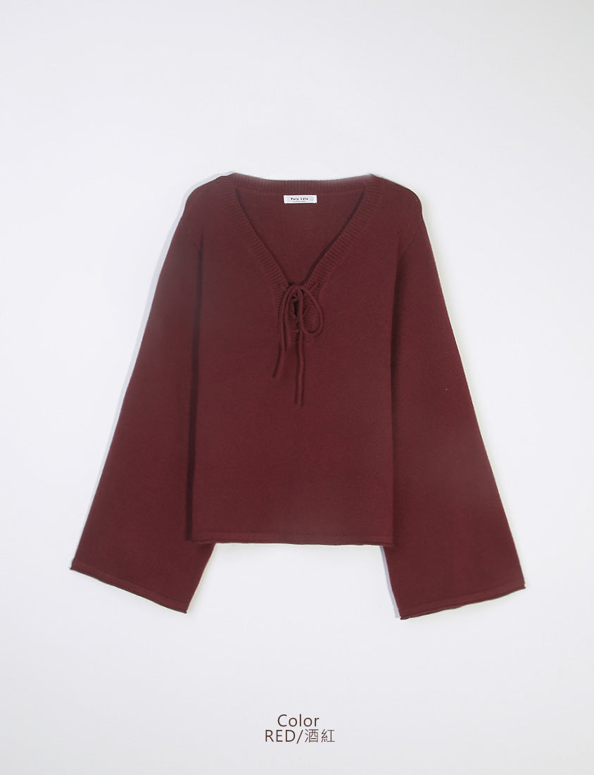V-Neck Tie Flare Sleeve Plus Size Knit Top