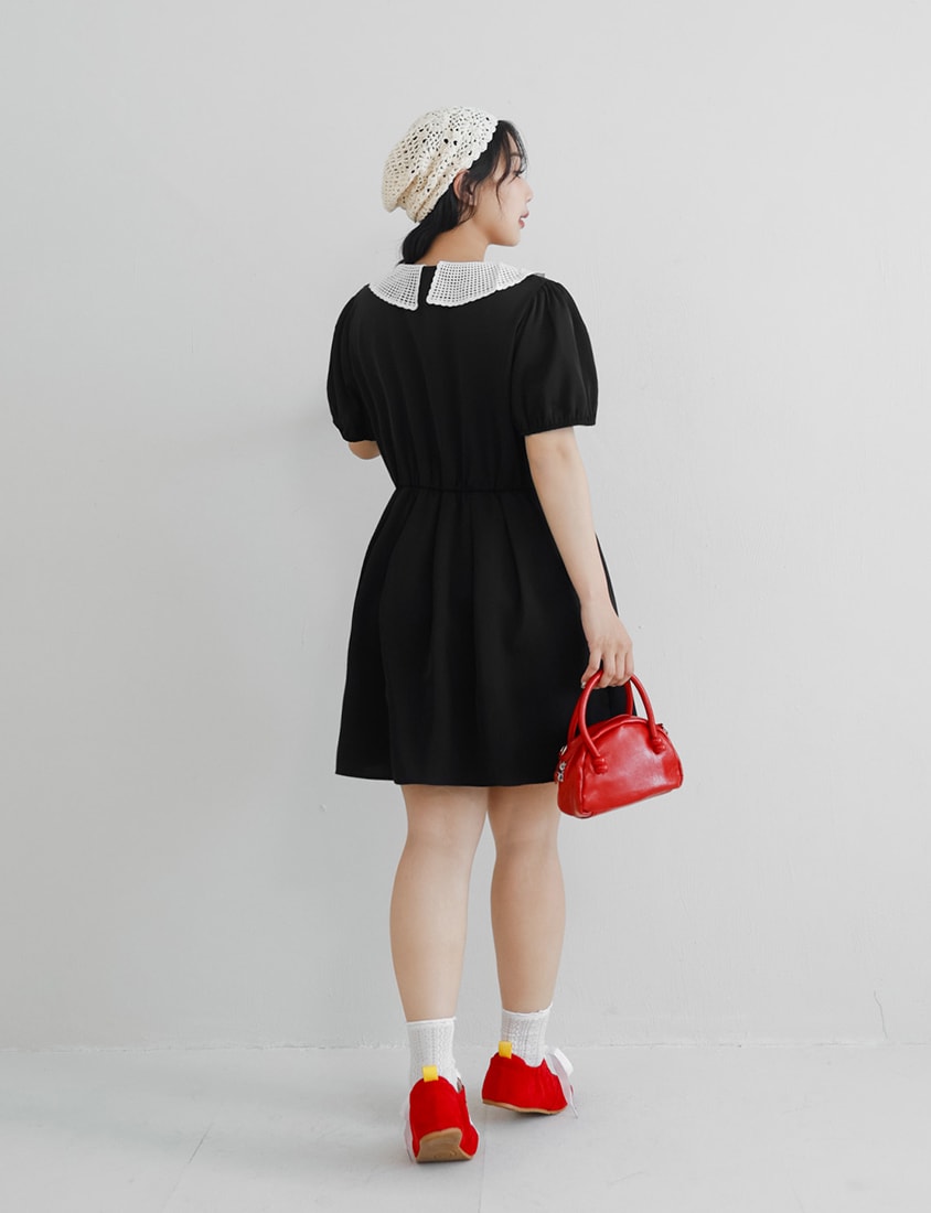 Lace Large-Collar Puff Sleeve Plus Size Mini Dress