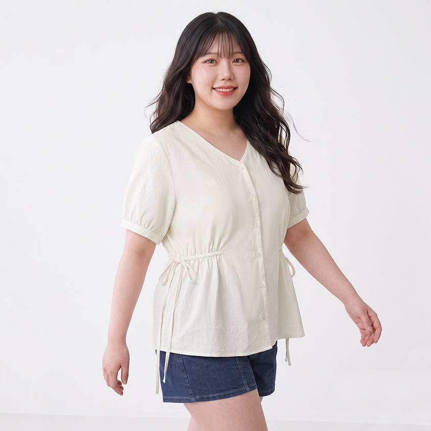 V-Neck Button Front Tie Waist Plus Size Top