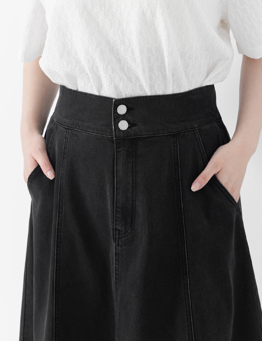 Lightweight Tencel Silky Denim Double Button Flare Plus Size Maxi Skirt
