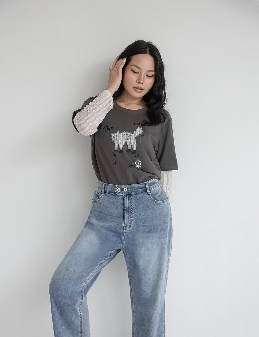 Contrast Lace Cat Faux Two-Piece Plus Size Tee
