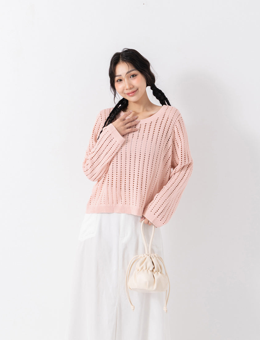 Crew Neck Openwork Ribbed Knit Long Sleeve Plus Size Top