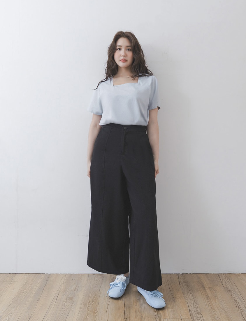 Layered Twill Plus Size Wide-Leg Pants (with Skirt Panel)