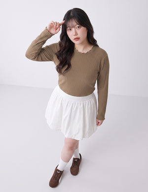 Soft Wide Ribbed Ruffle-Trim Long Sleeve Plus Size Top