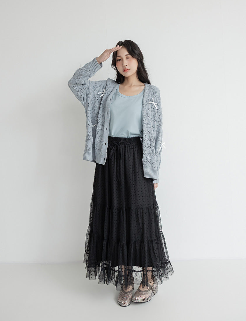 Romantic Polka Dot Tulle Tiered Plus Size Maxi Skirt