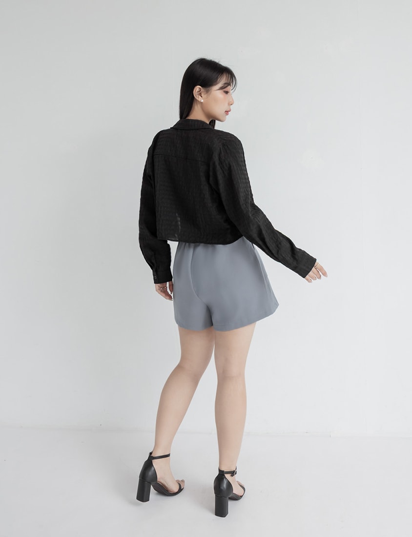 MISS. Sheer Plaid Cropped Plus Size Long Sleeve Shirt