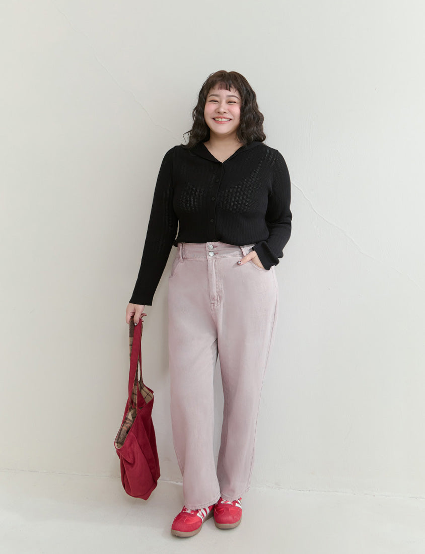 Openwork Knit Hooded Button-Up Plus Size Long Sleeve Cardigan