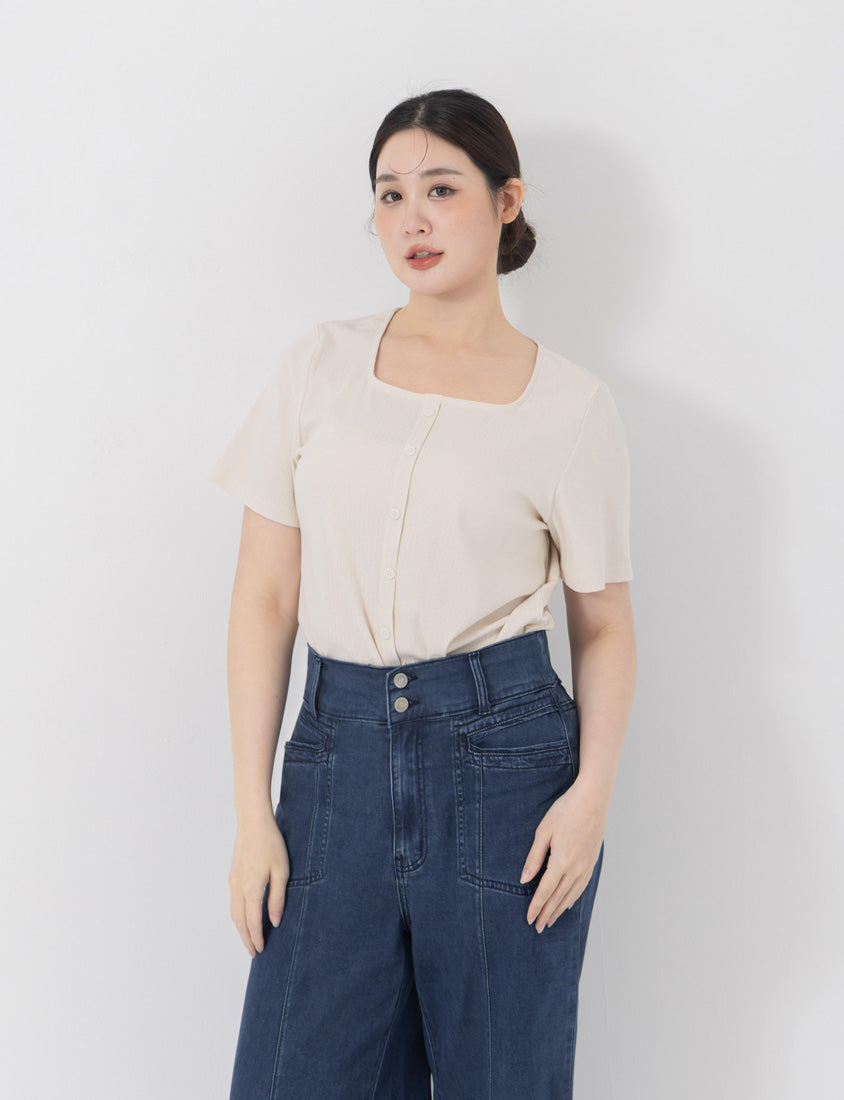 Tencel Ribbed Faux Button Square Neck Plus Size Top