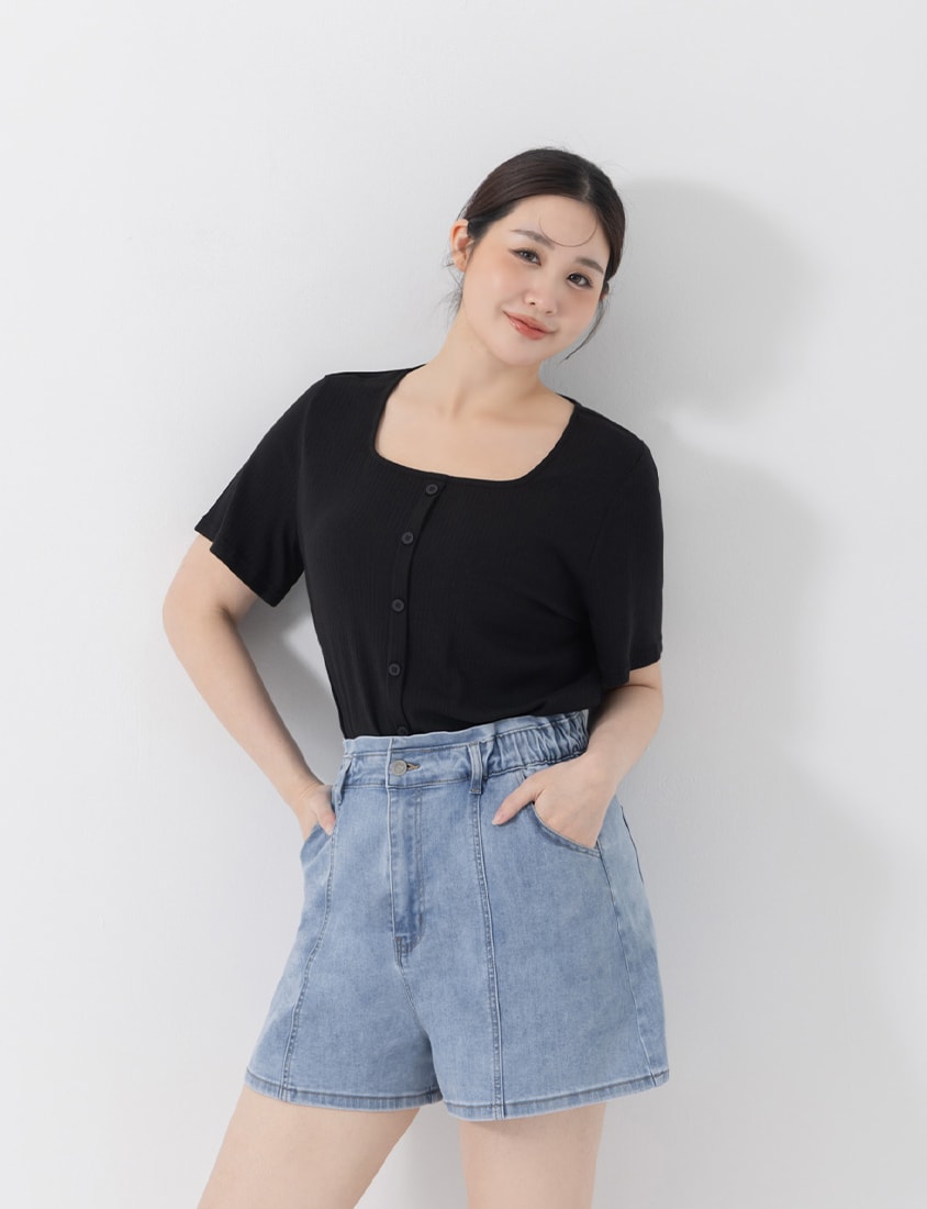 Tencel Ribbed Faux Button Square Neck Plus Size Top
