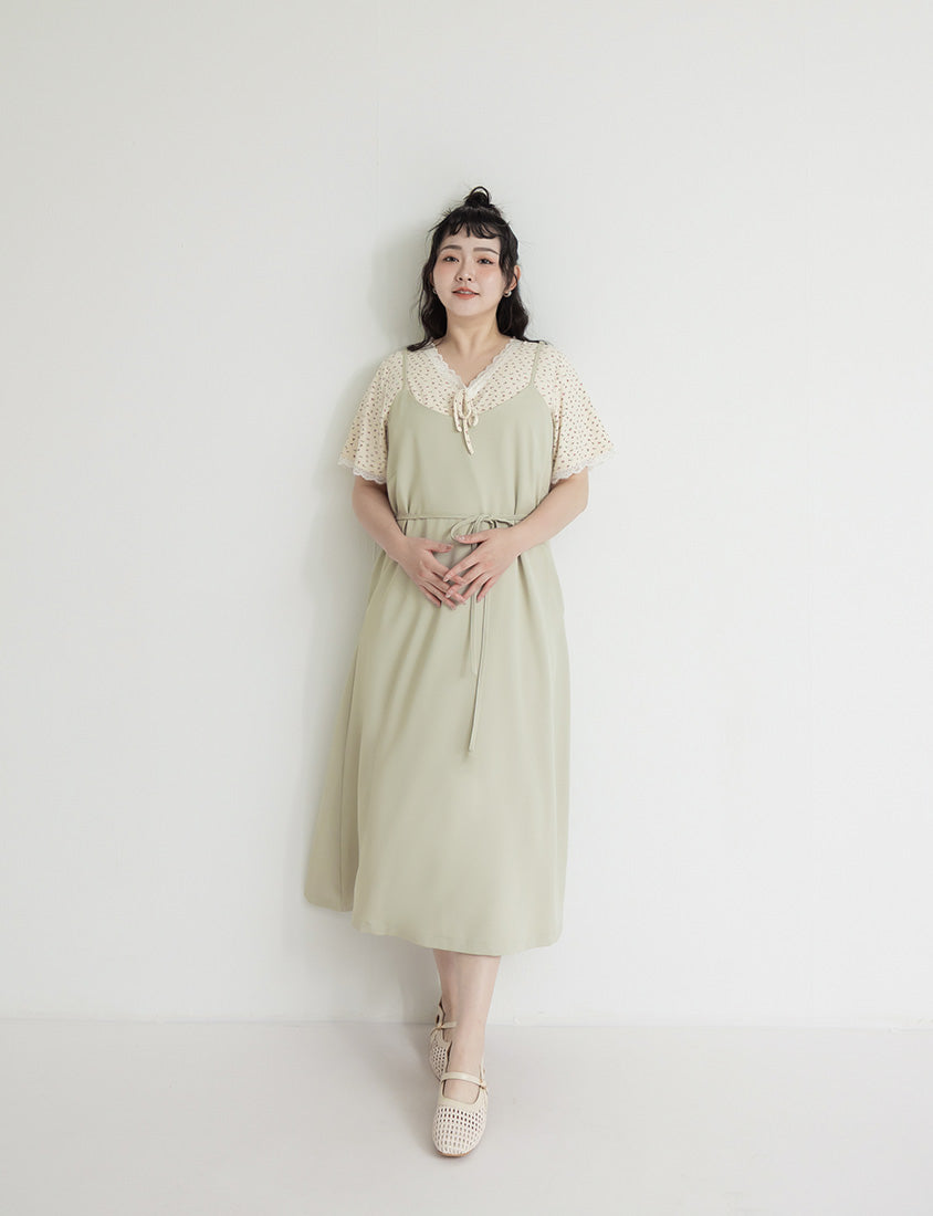 Wrinkle-Resistant A-Line  Plus Size Cami Maxi Dress (With Waist Tie)