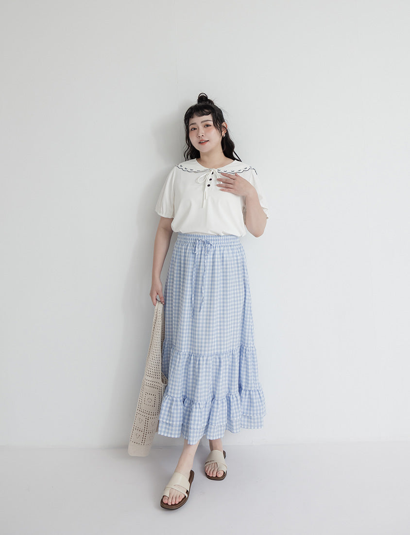 Cute Bow Embroidered Collared Plus Size Top