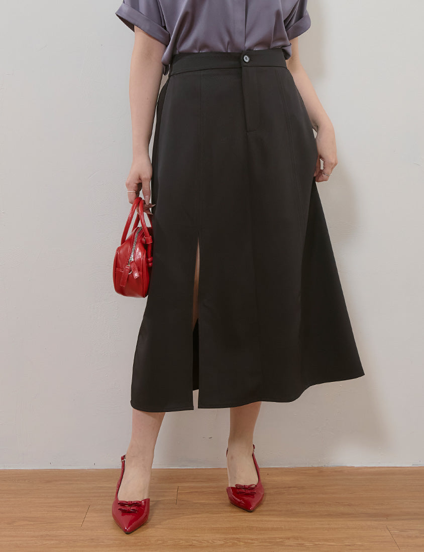 MISS. Silky Cool V-Waist Slit Tailored Plus Size Maxi Skirt