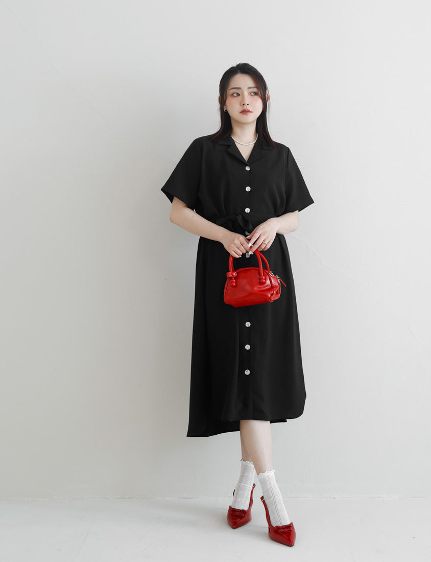 MISS. Cuban Collar Chiffon Button Short Sleeve Dress (with Waist-Tie )