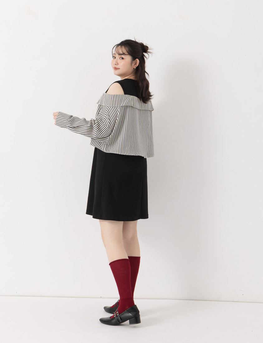 Faux Two Piece Cloud Cotton Contrast Stripe Plus Size Dress
