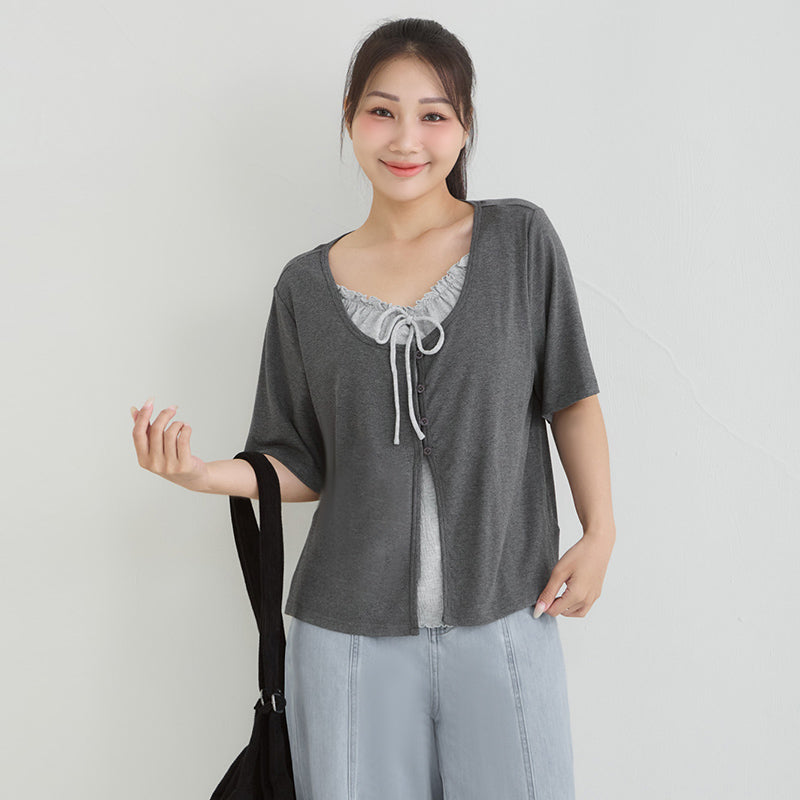 Korean Style Lace Trim Faux Two Piece Plus Size Top