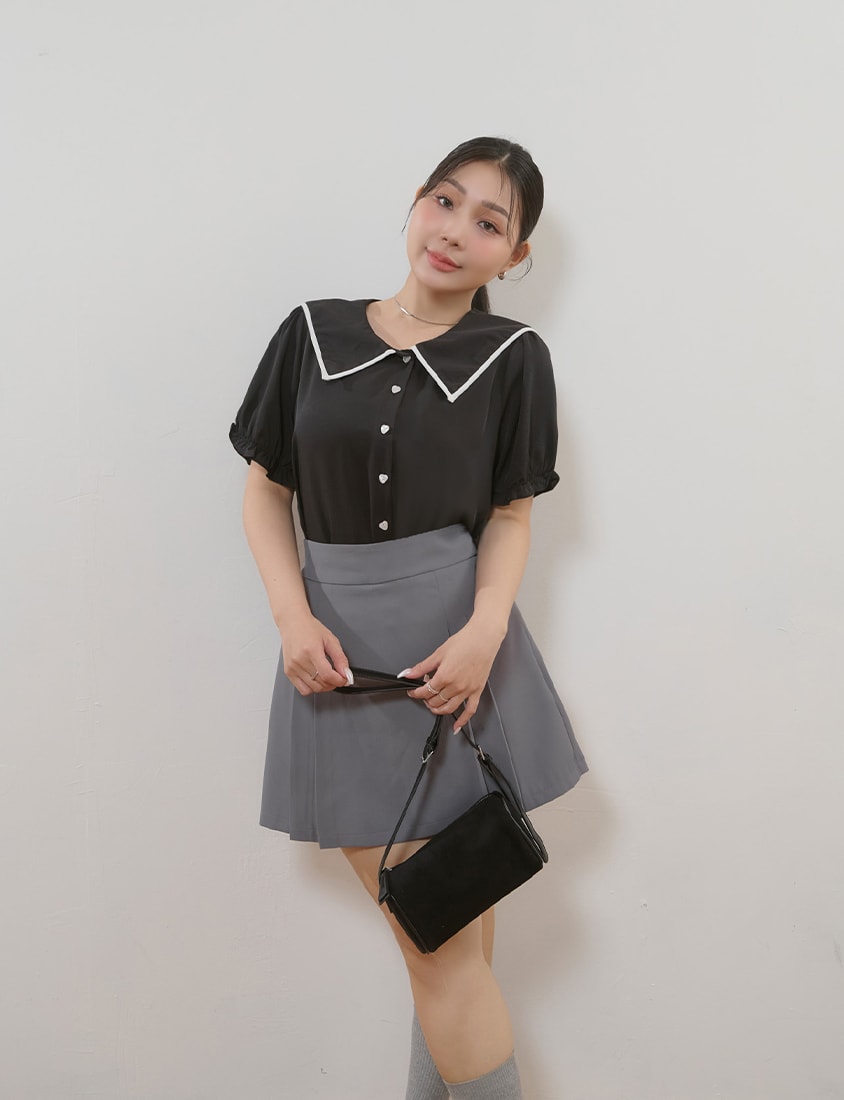 MISS. Contrast Doll Collar Heart Button Plus Size Shirt