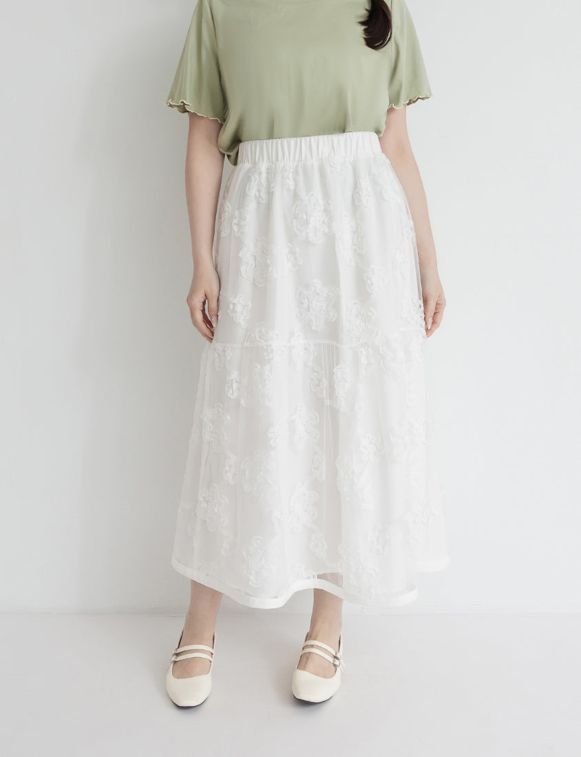 3D Floral Tiered Mesh Plus Size Maxi Skirt
