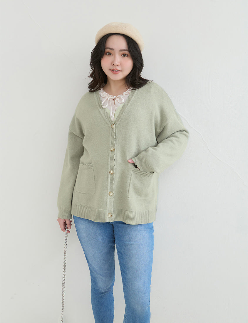 Cute Lettuce Trim V-Neck Knit Plus Size Cardigan