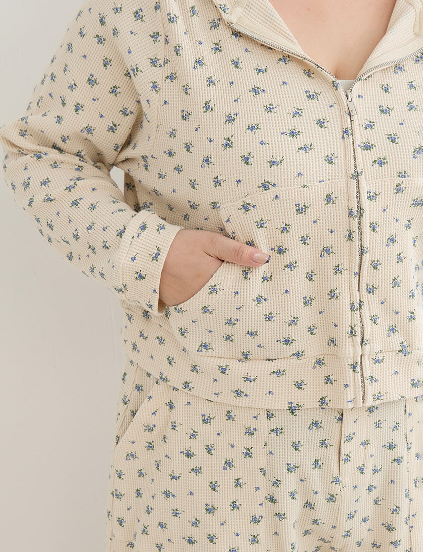 Sweet Floral Waffle Cropped Plus Size Hoodie