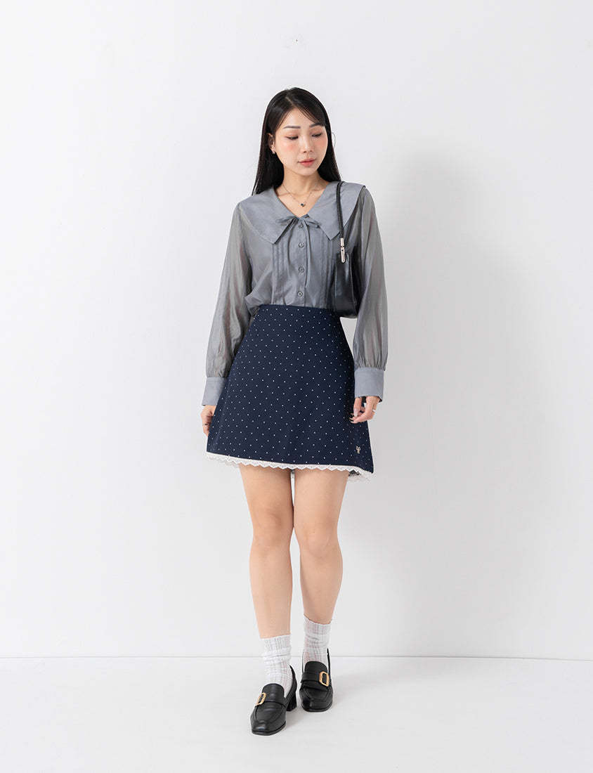 MISS. Lace Trim Polka Dot Tailored A-Line Suit Plus Size Mini Skirt