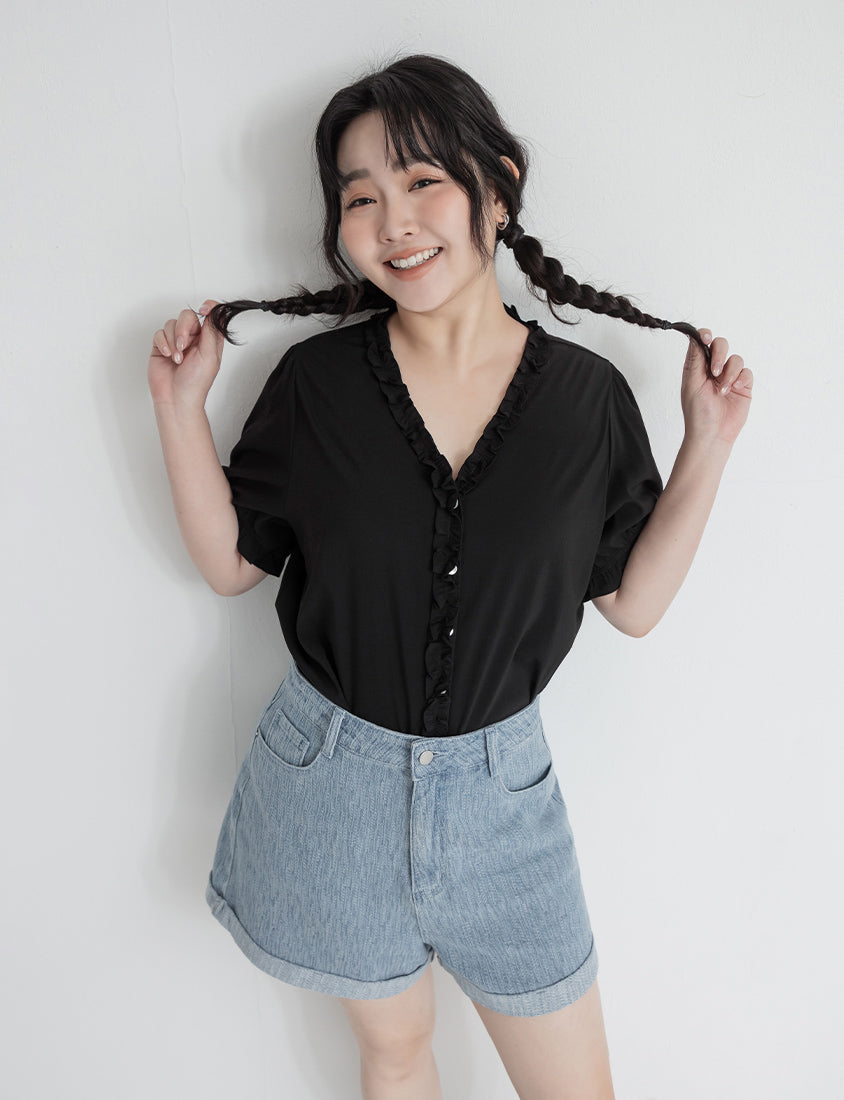 Romantic Ruffle V-Neck Short Sleeve Plus Size Blouse