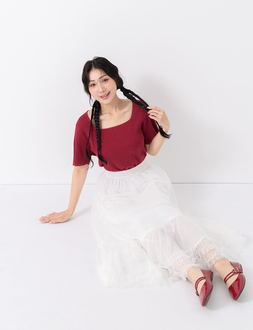 Classic Multicolor Square Neck Ribbed Knit Plus Size Top