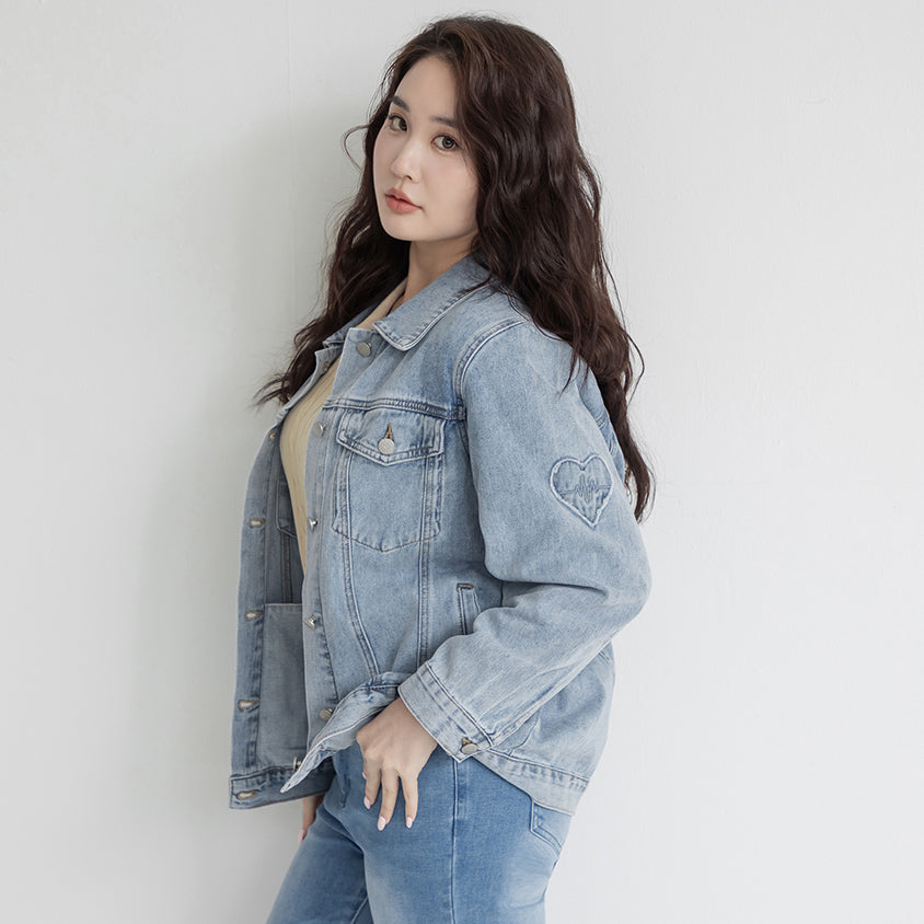 Heartbeat Applique Embroidered Oversized Denim Jacket (Unisex)