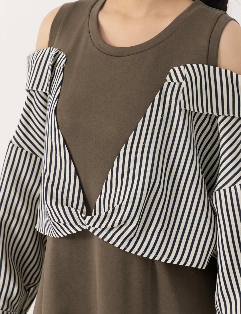 Faux Two Piece Cloud Cotton Contrast Stripe Plus Size Dress