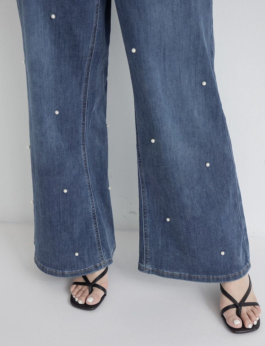 Pearl Embellished Stretch Denim Plus Size Wide Leg Pants