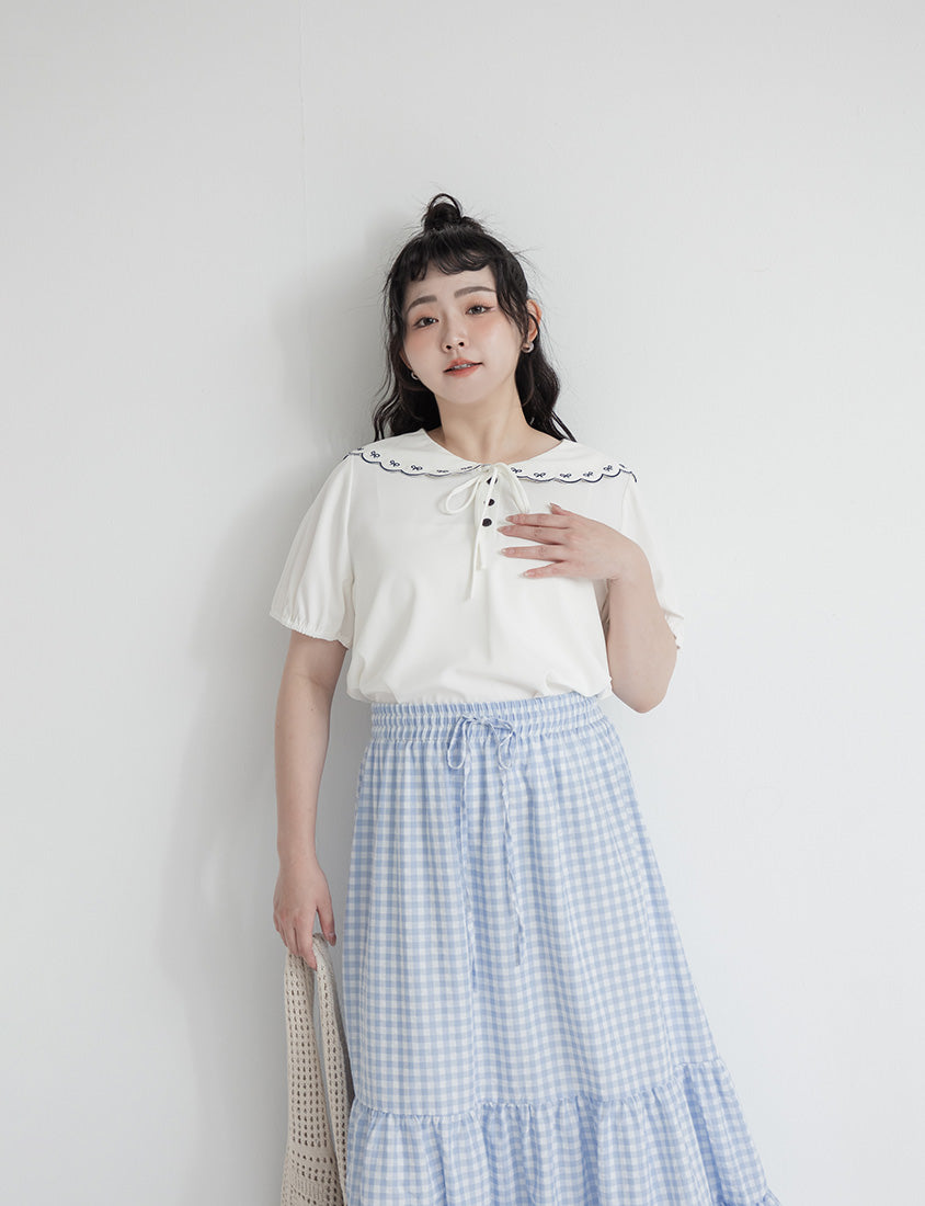 Cute Bow Embroidered Collared Plus Size Top